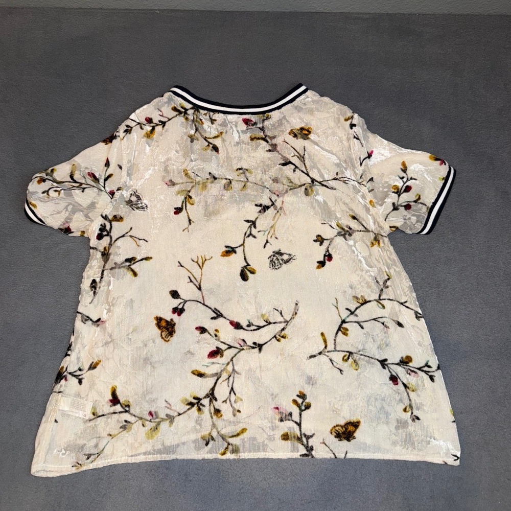 Velvet Burnout Floral Butterfly Top Short Sleeve Cream Large Varsity Chic